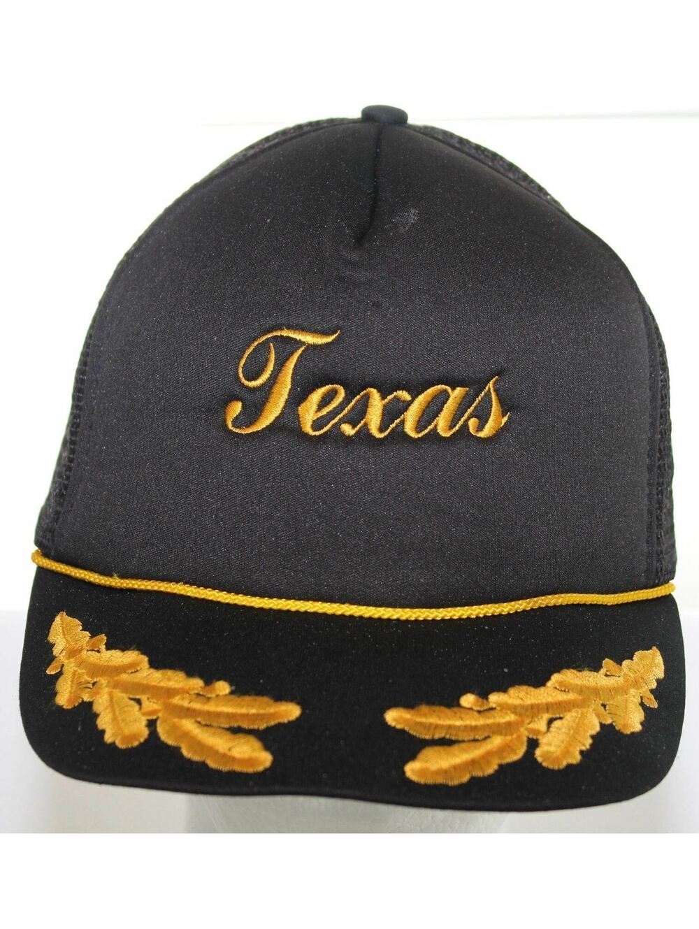 Vintage TEXAS Trucker Hat - Laurel Leaf Brim - Snapback Cap - Black & Yellow